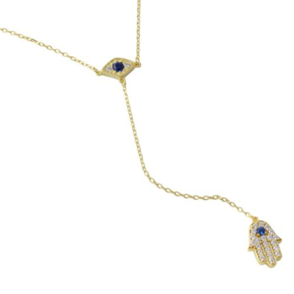 Gold Silver Evil Eye with Dropped Hamsa Necklace - Picture 1 of 7